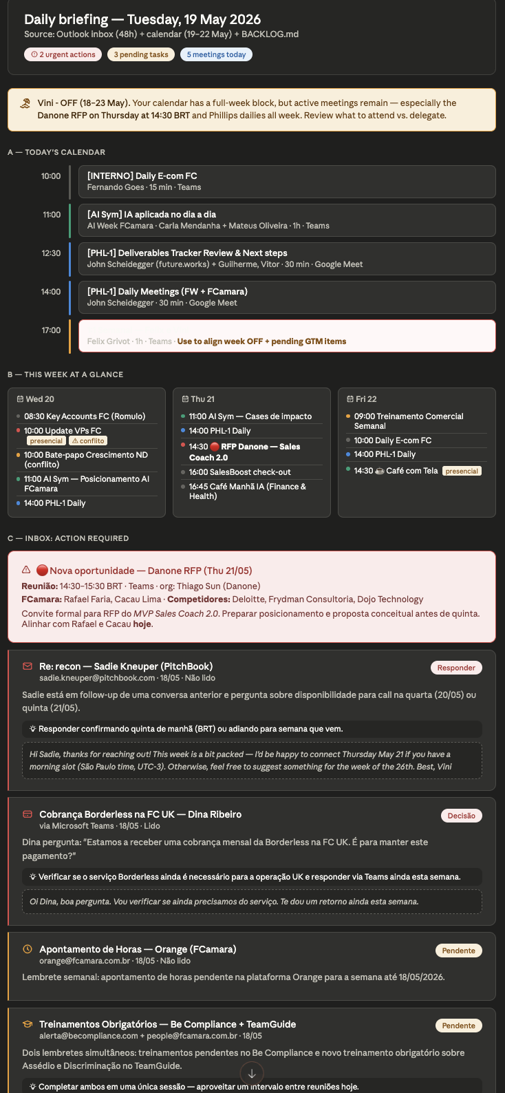 Daily briefing — calendar + inbox synthesis